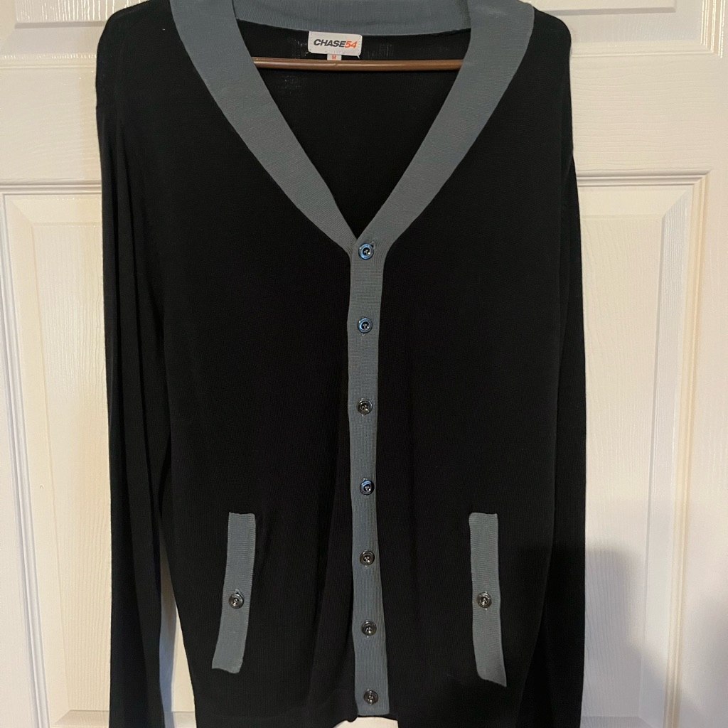 Nwot Chase 54 Brand Cardigan Sweater Medium Black With Grayish Blue Accents